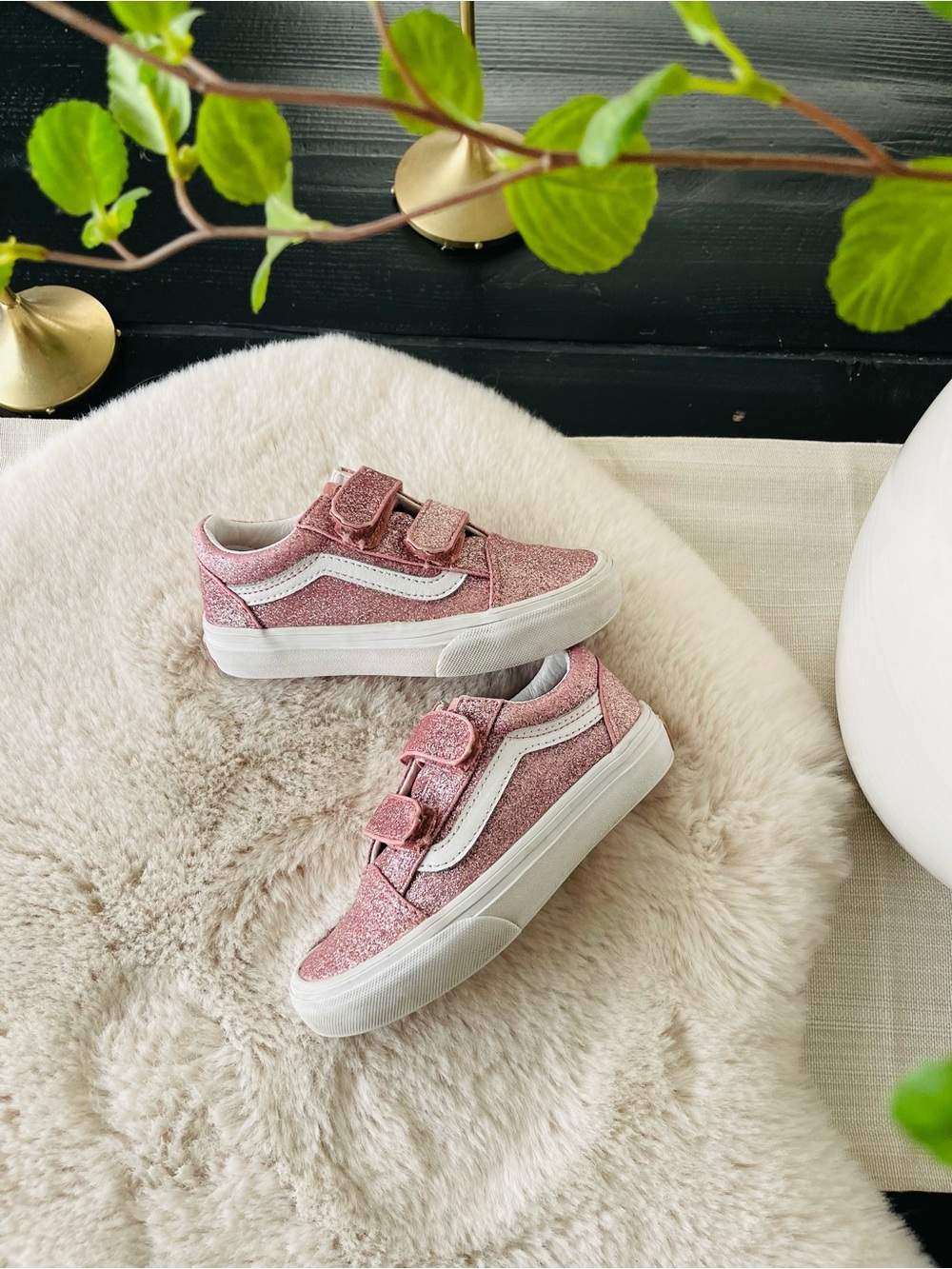 Vans Kids Pink Glitter Old Skool Velcro Sneakers